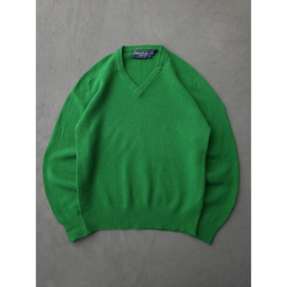 Vintage 1970s Woodstock Green Lambswool V-neck Sweater M Knit Men's
